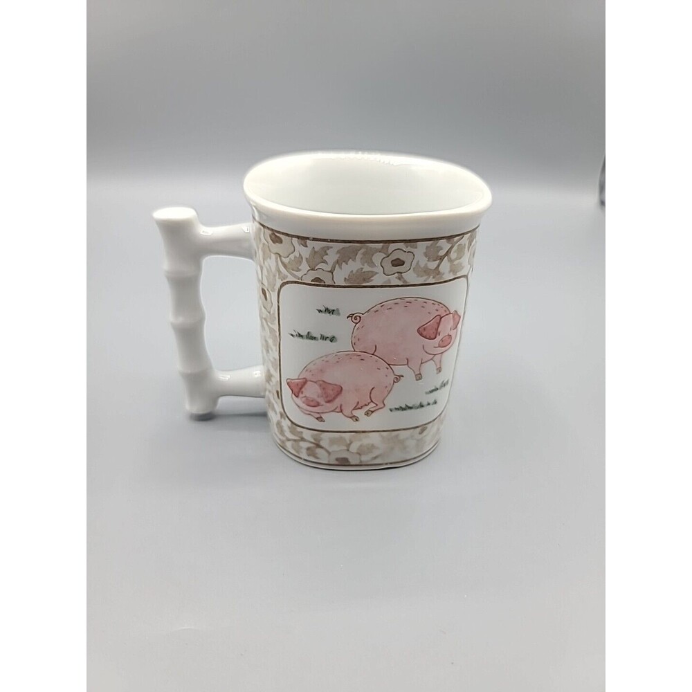 Norcrest Pig Coffee Mug Ceramic Cup Floral Bamboo Shaped Handle